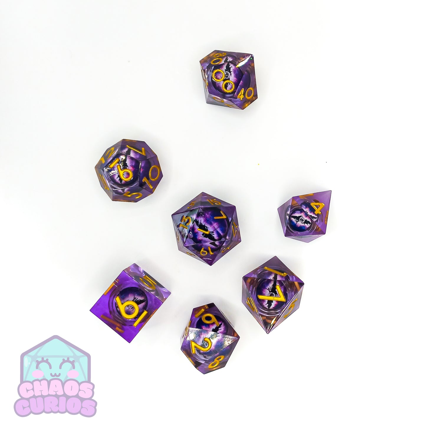 Rolling Purple Monster Dragon Eyes 7-piece Liquid Core Sharp Edged Resin Dice Set