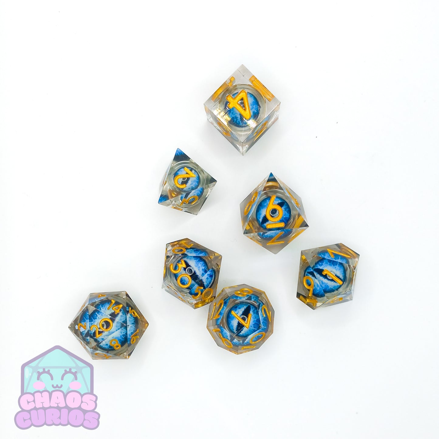 Rolling Blue Monster Dragon Eyes 7-piece Liquid Core Sharp Edged Resin Dice Set