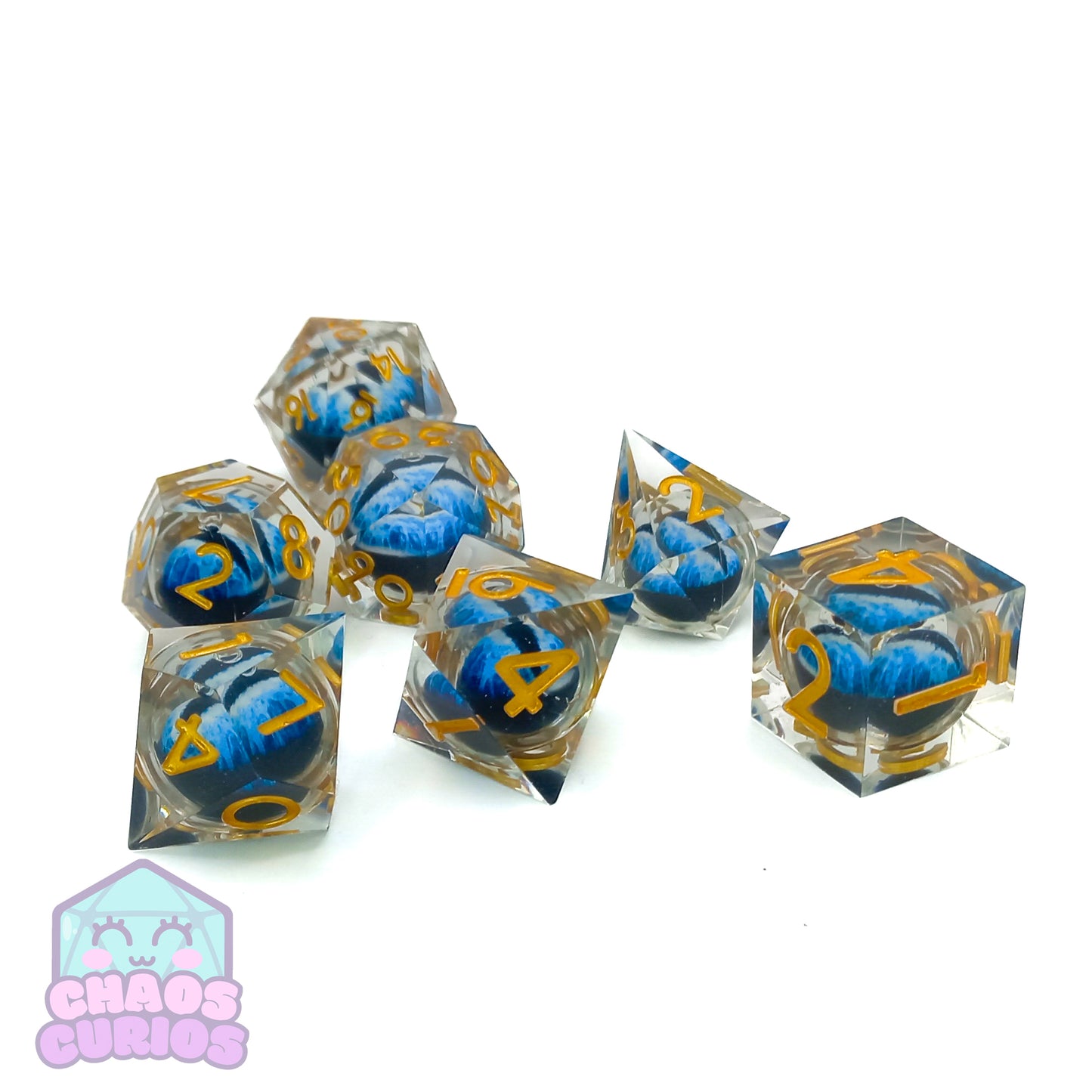 Rolling Blue Monster Dragon Eyes 7-piece Liquid Core Sharp Edged Resin Dice Set