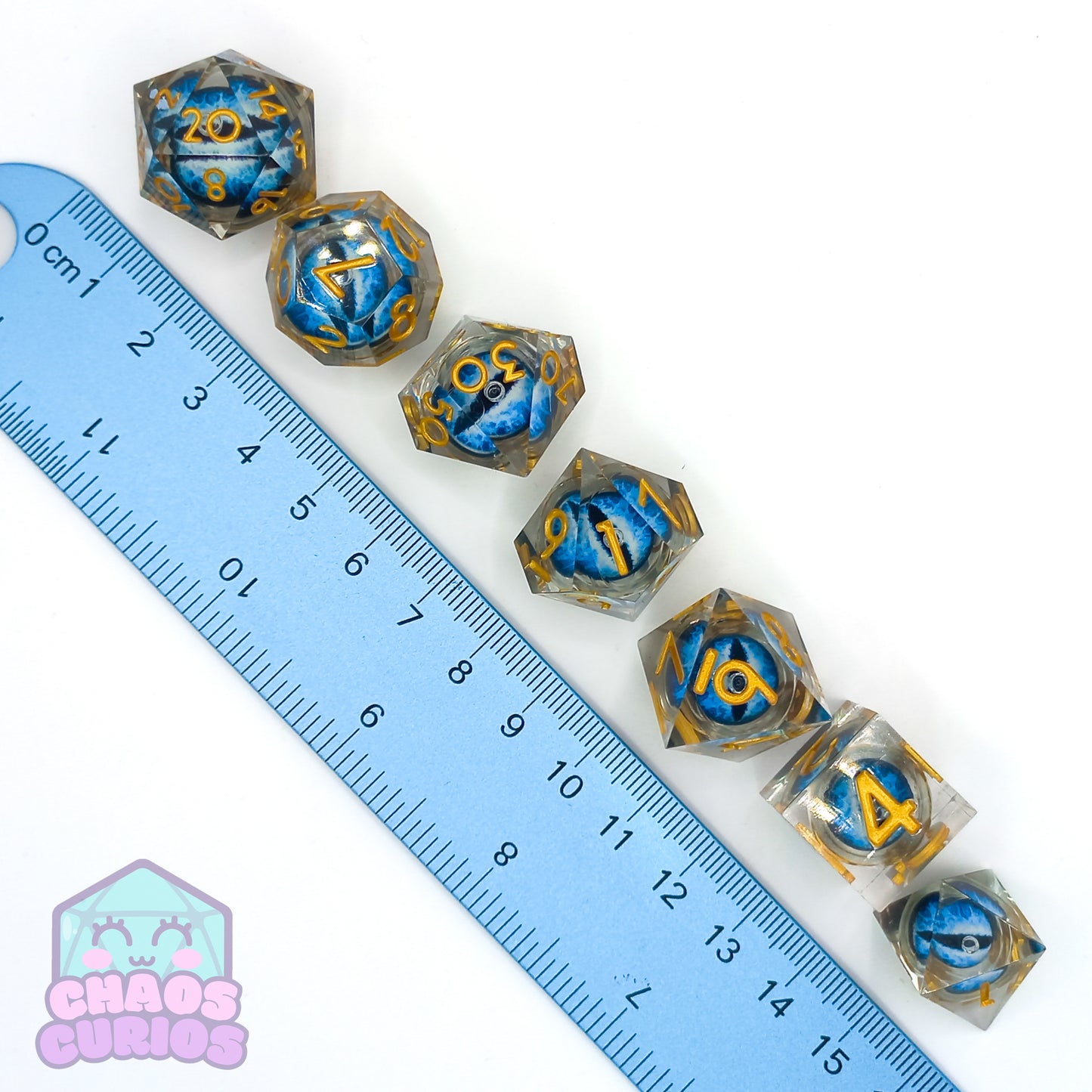 Rolling Blue Monster Dragon Eyes 7-piece Liquid Core Sharp Edged Resin Dice Set