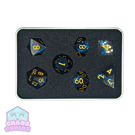 Blue Black Fault Line 7-piece Sharp Edged Resin Dice Set