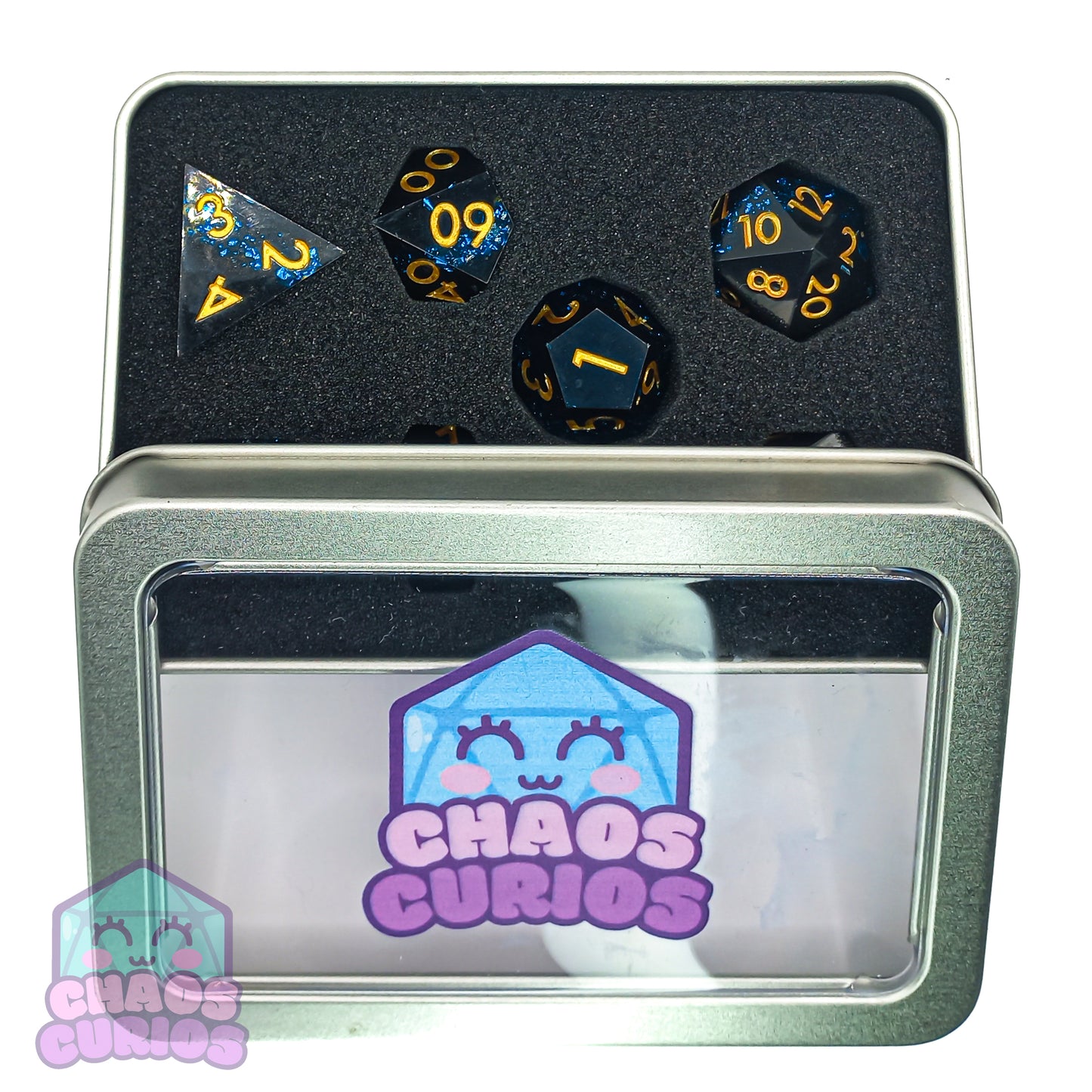 Blue Black Fault Line 7-piece Sharp Edged Resin Dice Set