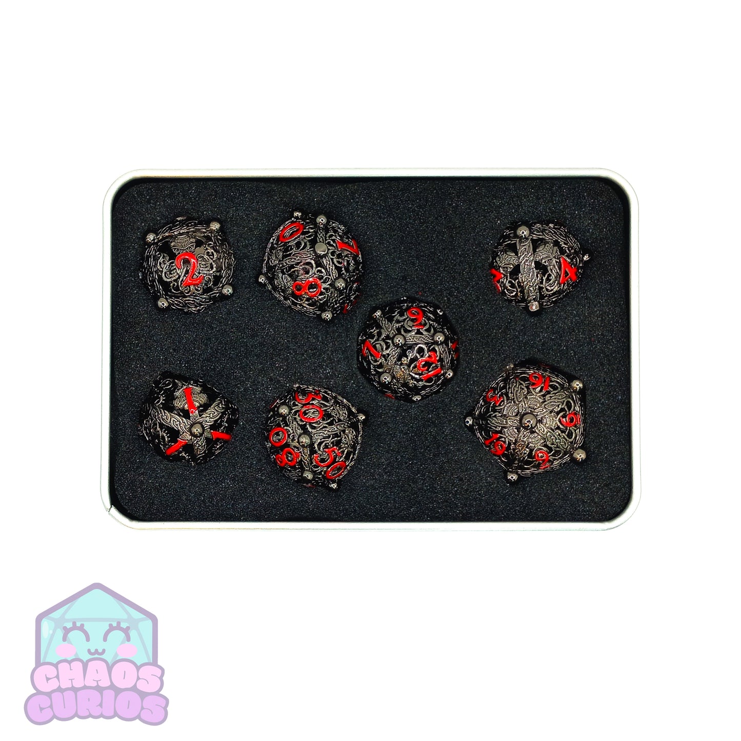 Hollow Celtic Cthulhu Red 7-piece Metal Dice Set