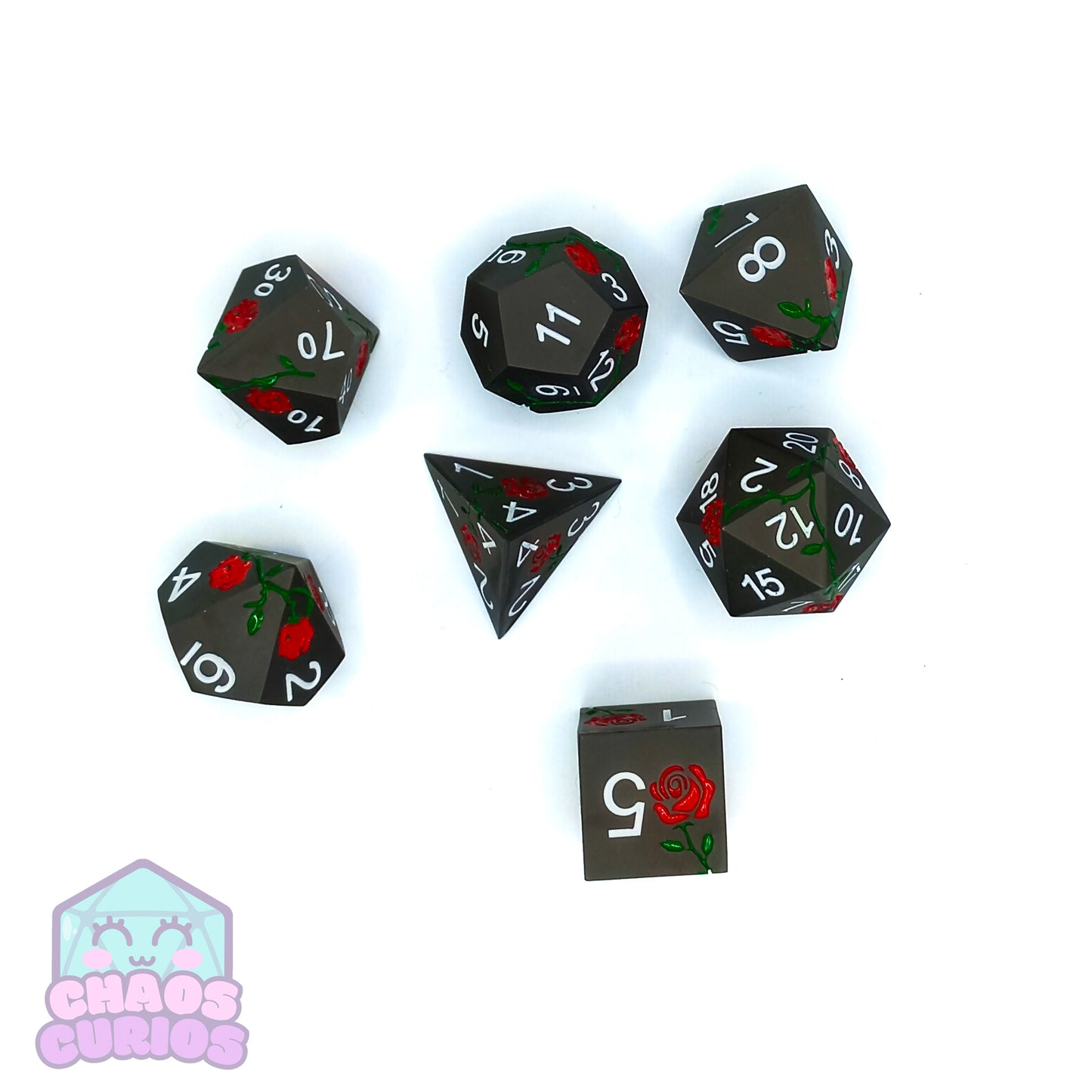 Black Red Rose Matte 7-piece Metal Dice Set