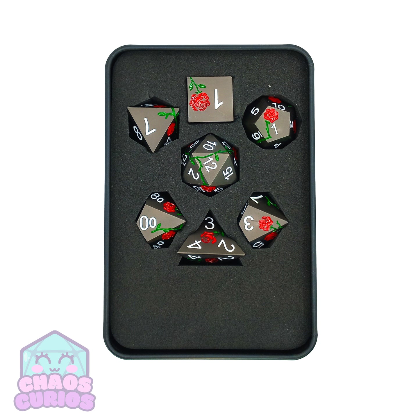 Black Red Rose Matte 7-piece Metal Dice Set