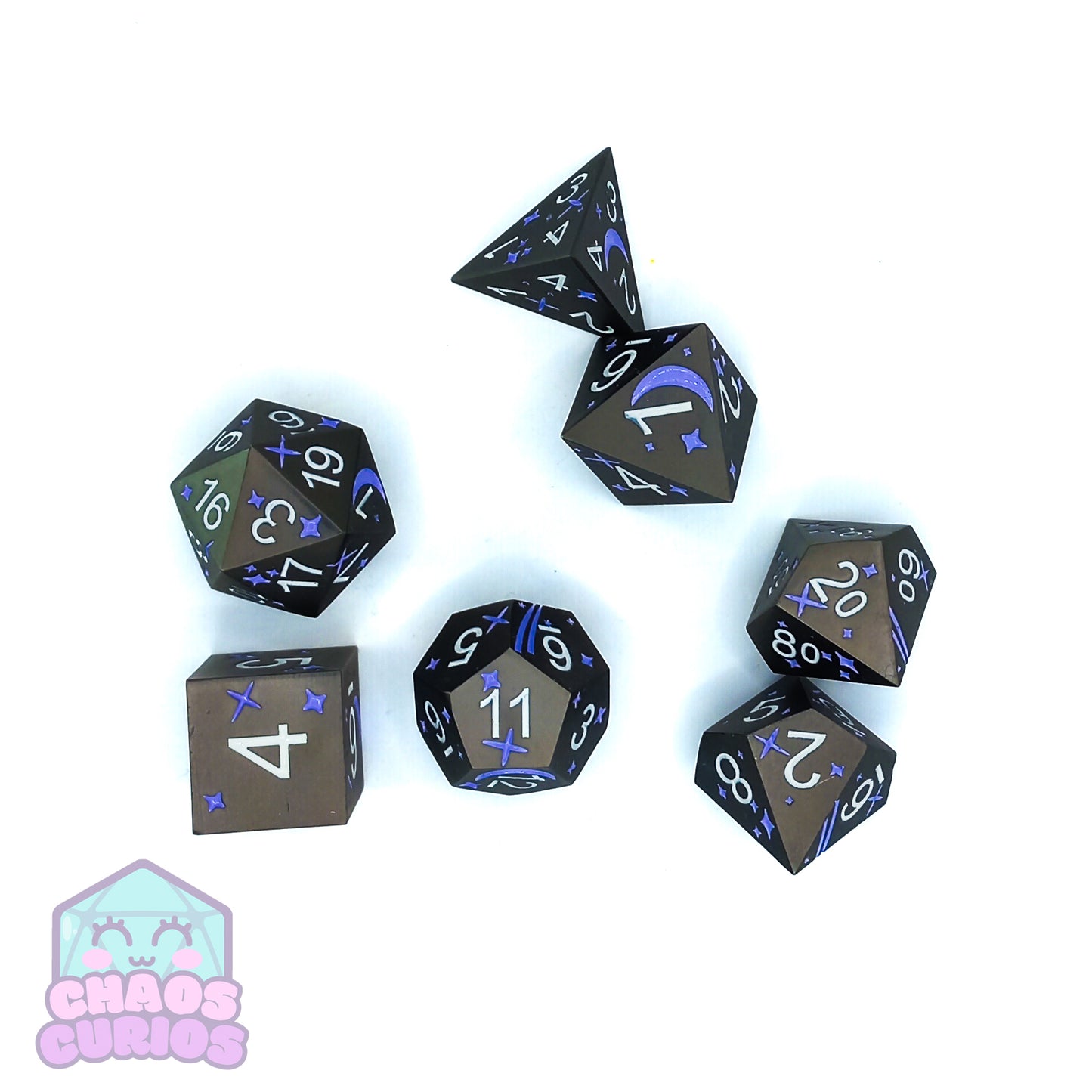 Moon and Stars Purple Matte 7-piece Metal Dice Set