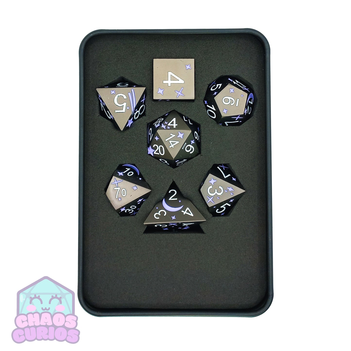 Moon and Stars Purple Matte 7-piece Metal Dice Set