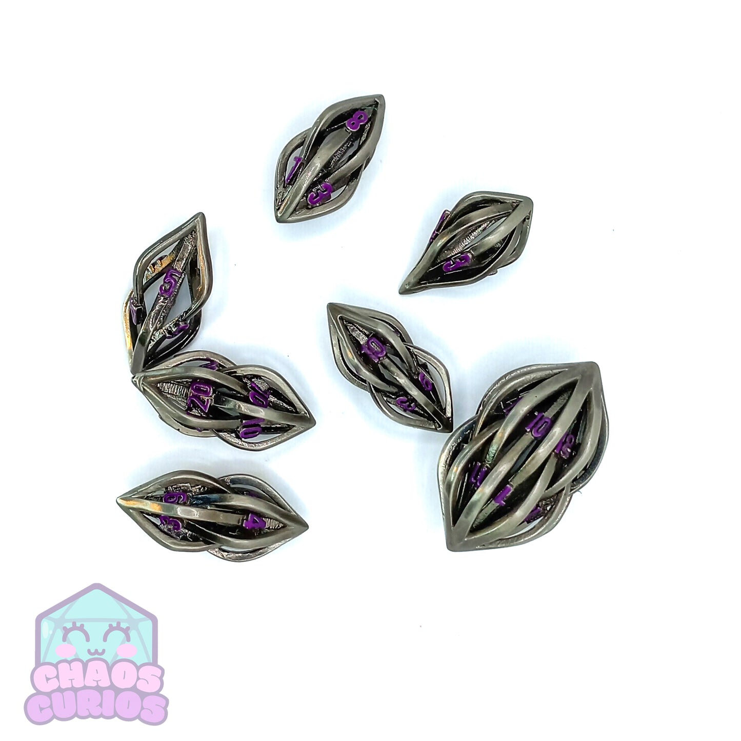 Silver Cage Purple Shard Shaped 7-piece Metal Dice Set