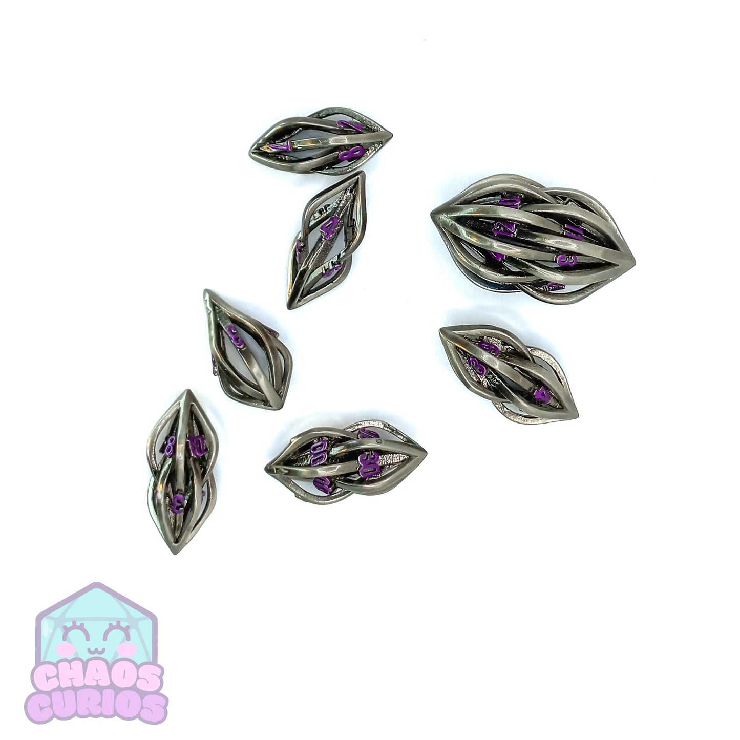 Silver Cage Purple Shard Shaped 7-piece Metal Dice Set