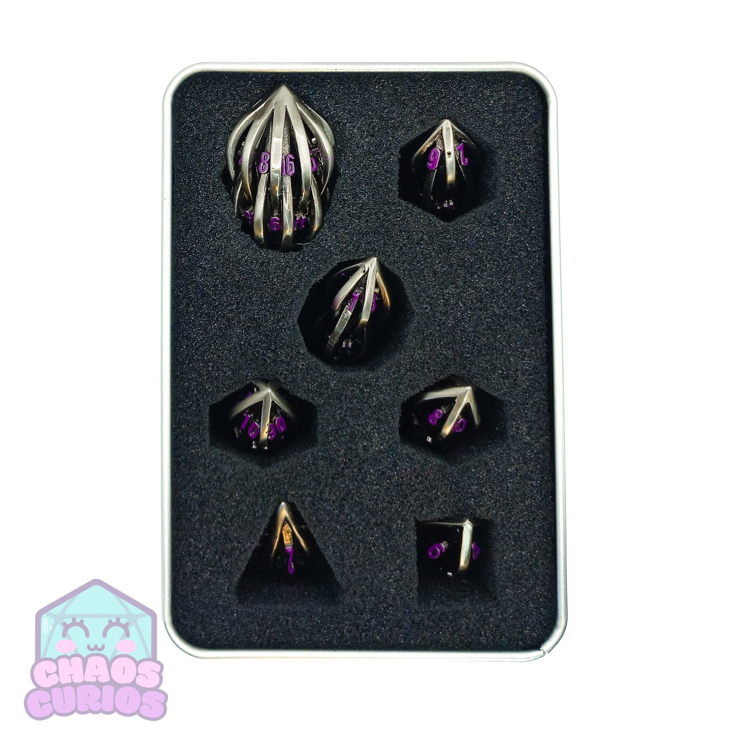 Silver Cage Purple Shard Shaped 7-piece Metal Dice Set