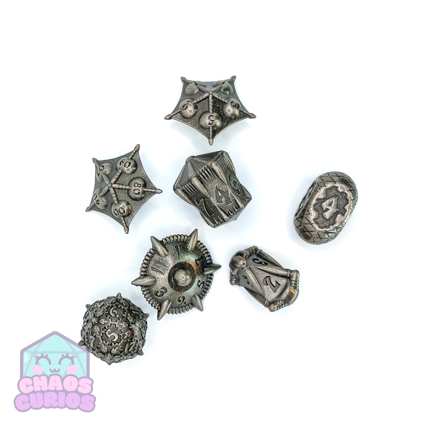 Weapon Shaped Silver 7-piece Metal Dice Set