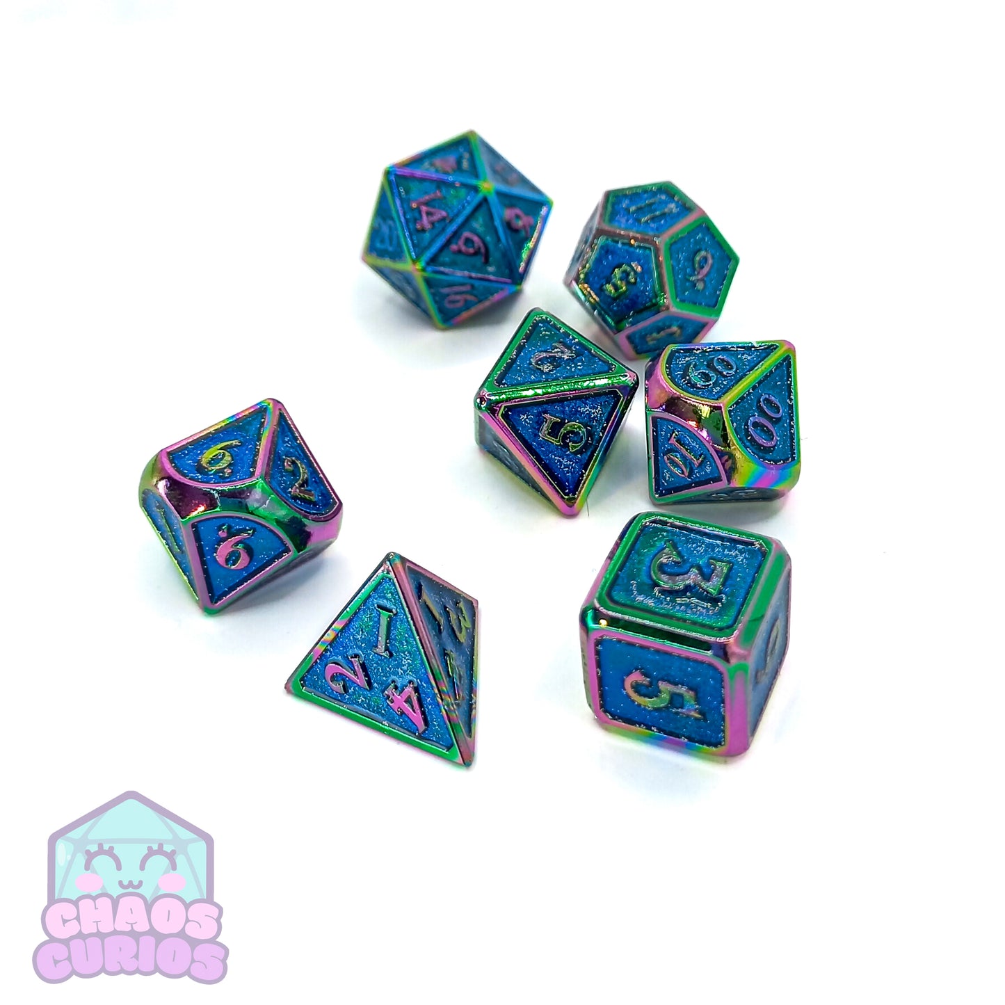 Blue Glittery Electroplated 7-piece Metal Dice Set