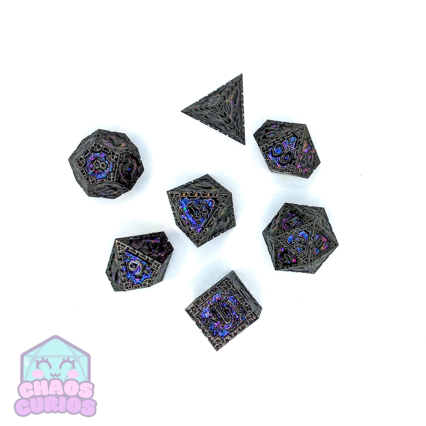 Purple Glittery Stained Glass Window Style Gunmetal 7-piece Metal Dice Set