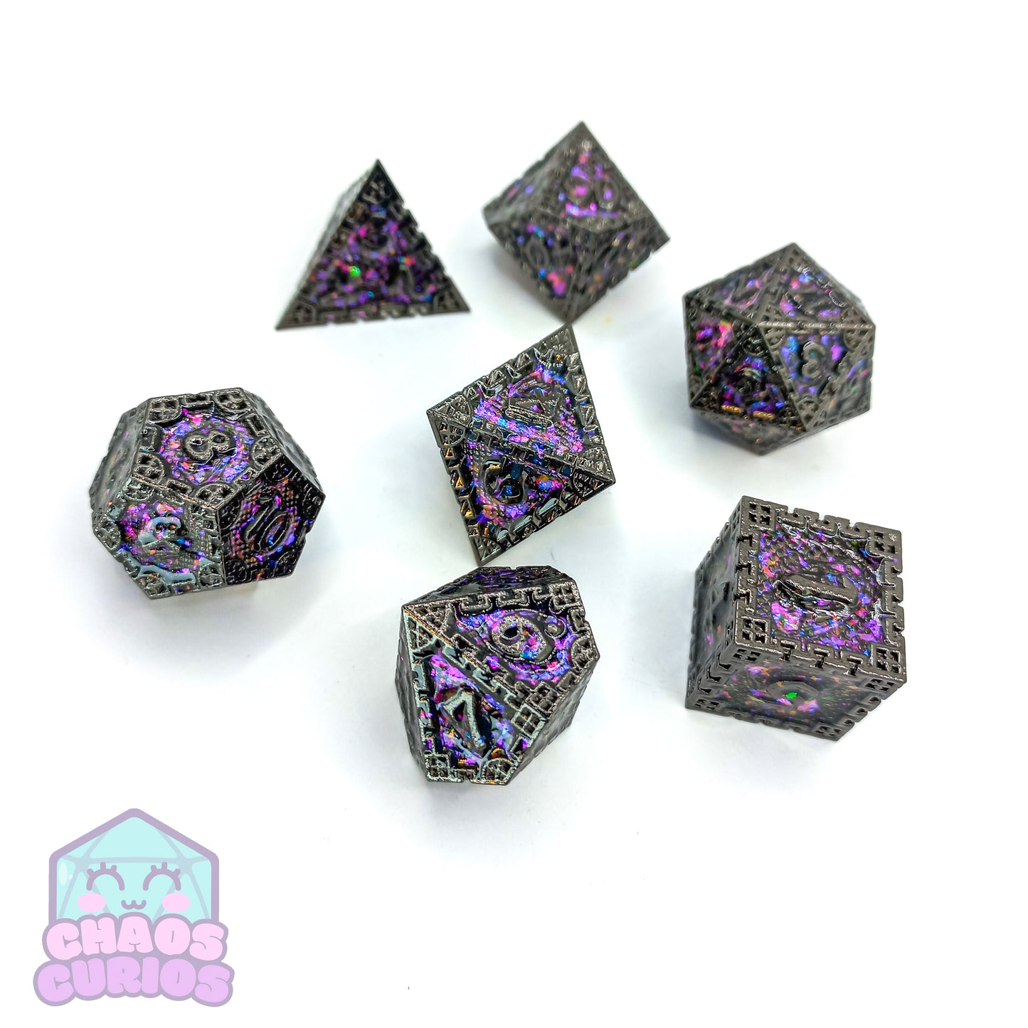 Purple Glittery Stained Glass Window Style Gunmetal 7-piece Metal Dice Set