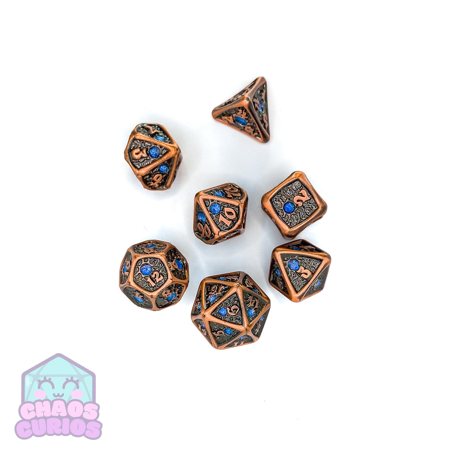 Tumbled Copper Blue Studded 7-piece Metal Dice Set