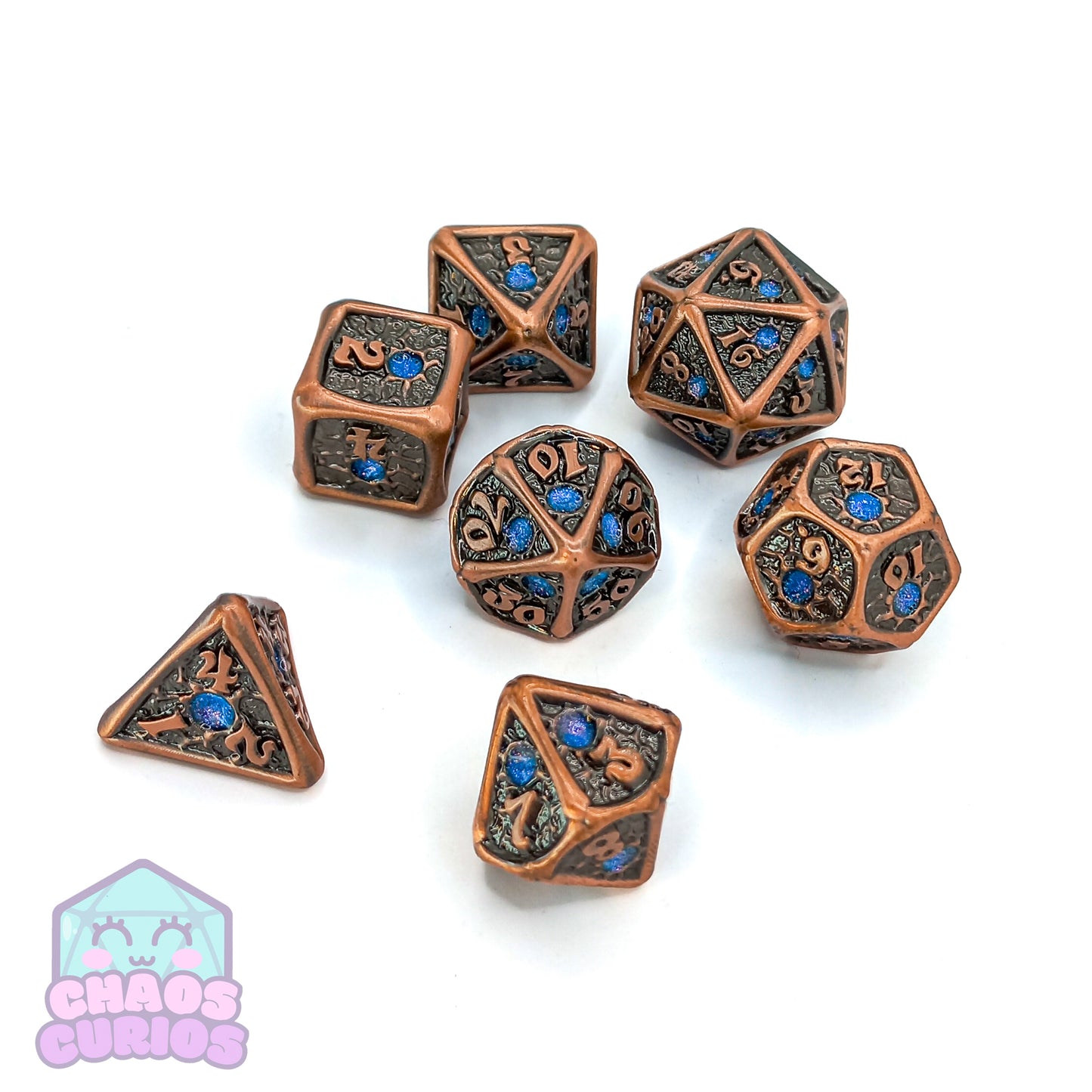 Tumbled Copper Blue Studded 7-piece Metal Dice Set