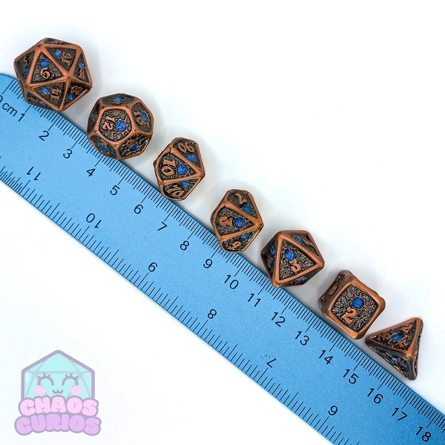 Tumbled Copper Blue Studded 7-piece Metal Dice Set