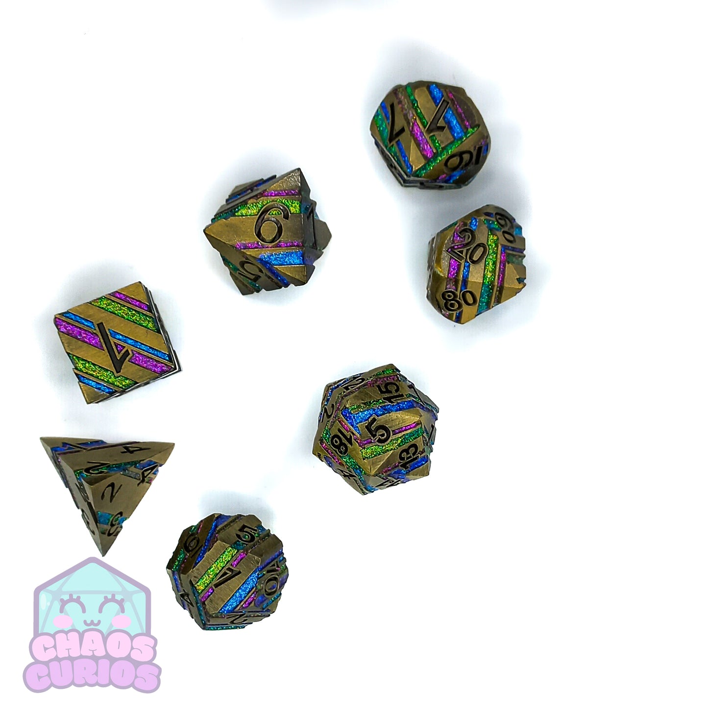 Striped Glitter Golden Rainbow 7-piece Metal Dice Set