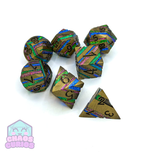 Striped Glitter Golden Rainbow 7-piece Metal Dice Set