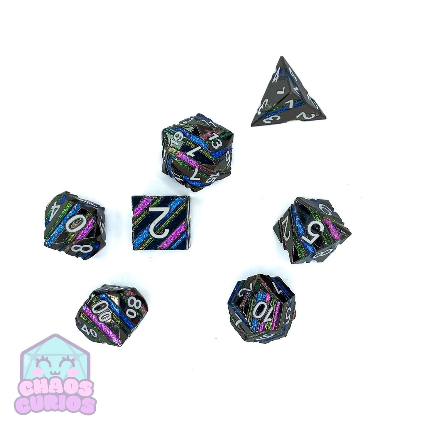 Striped Glitter Liquorice Allsorts 7-piece Metal Dice Set