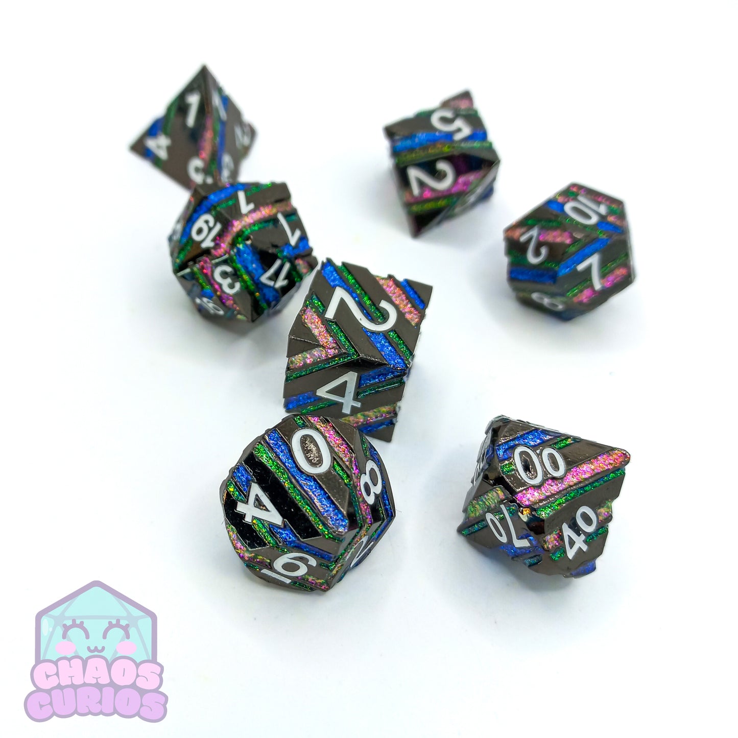 Striped Glitter Liquorice Allsorts 7-piece Metal Dice Set