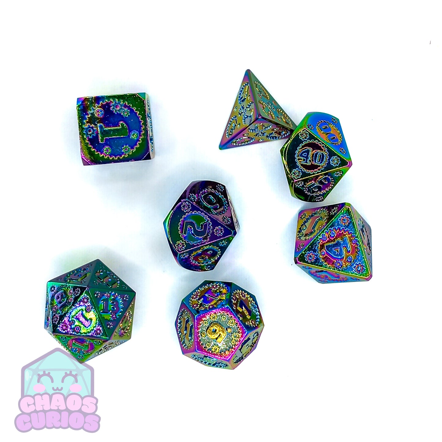 Steampunk Cogs Rainbow Electroplated 7-piece Metal Dice Set