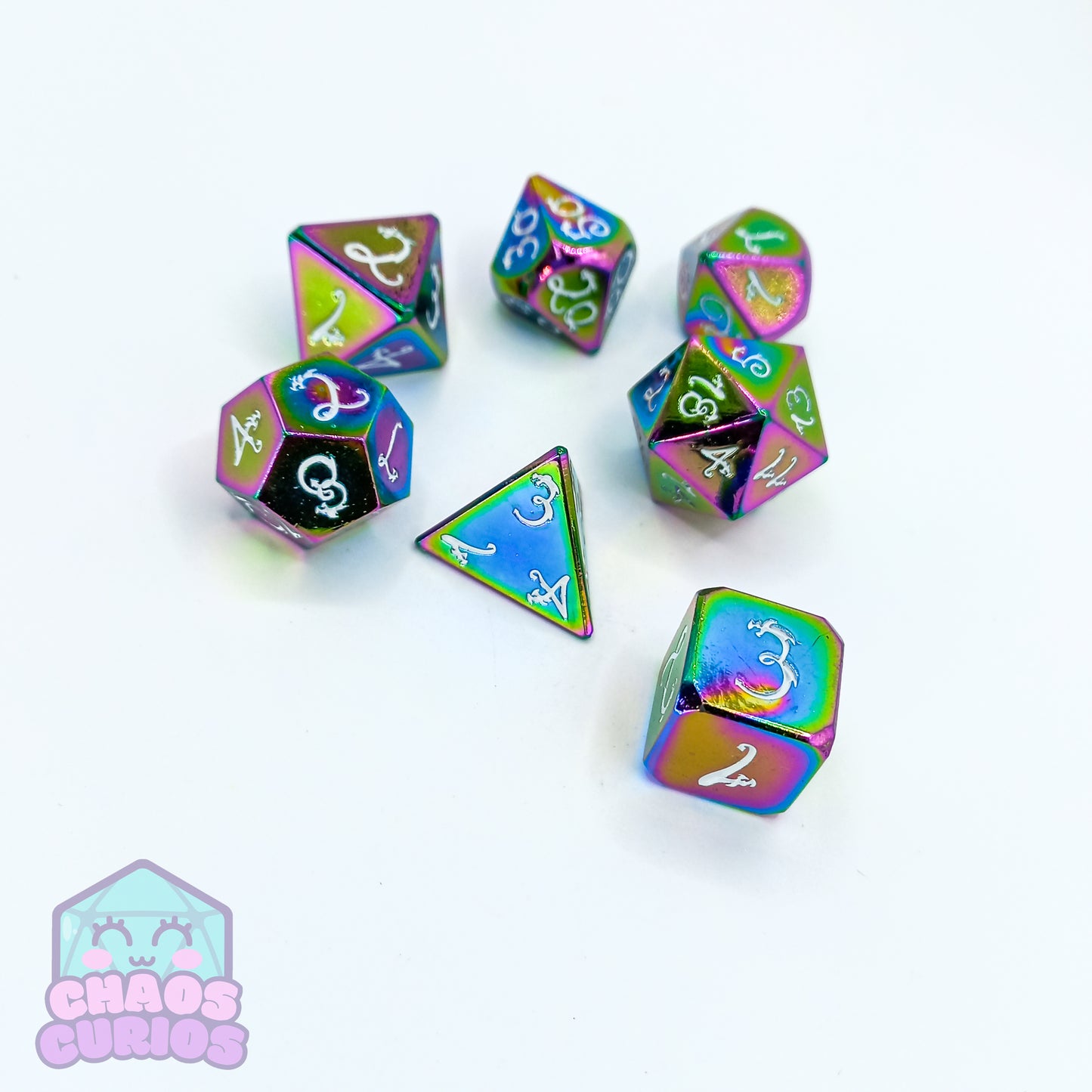 Elven Style Rainbow Electroplated 7-piece Metal Dice Set