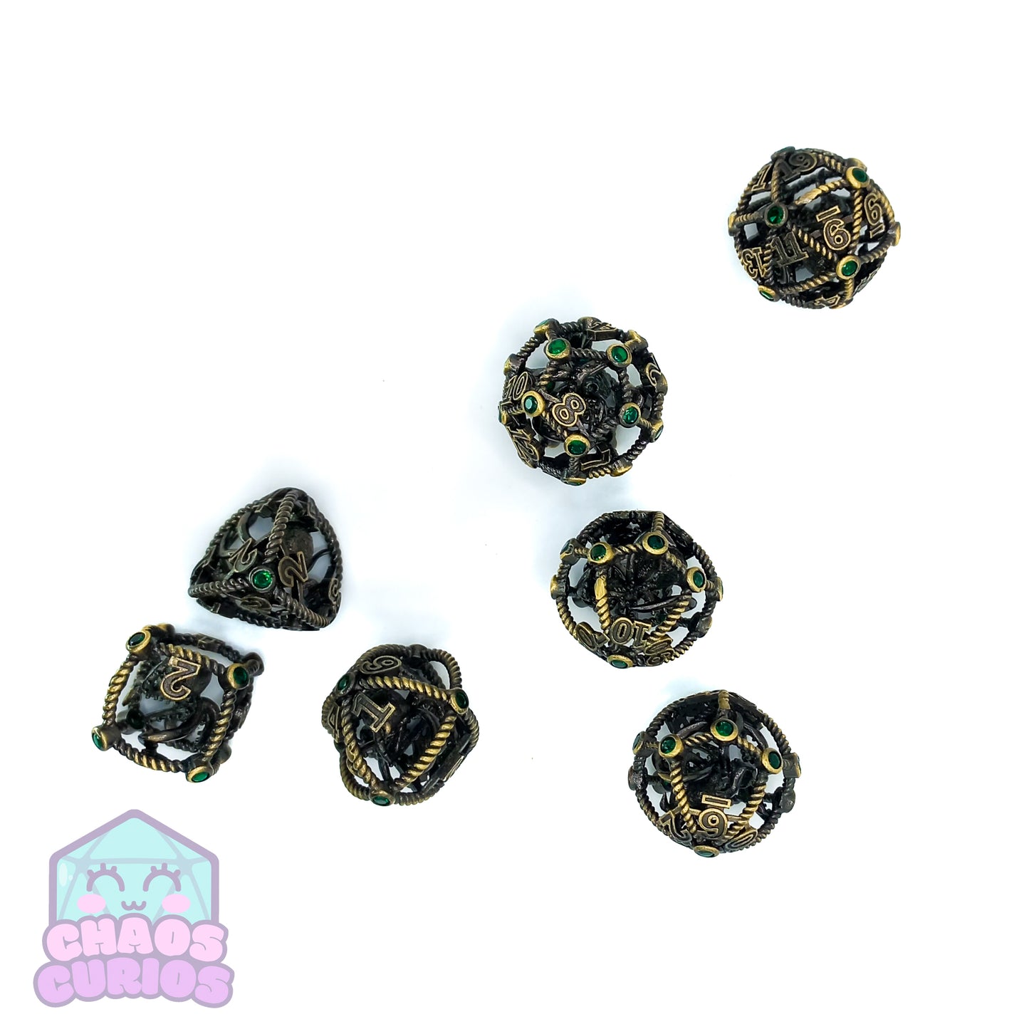 Hollow Caged Octopus Green Gem 7-piece Metal Dice Set