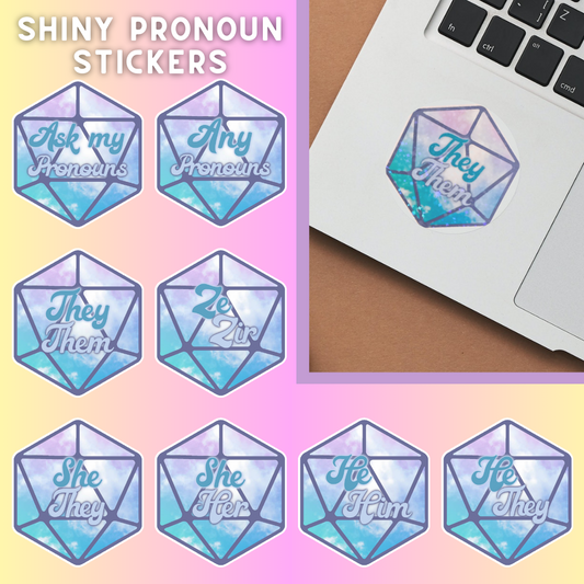 D20 Pride Pronoun Shiny Stickers