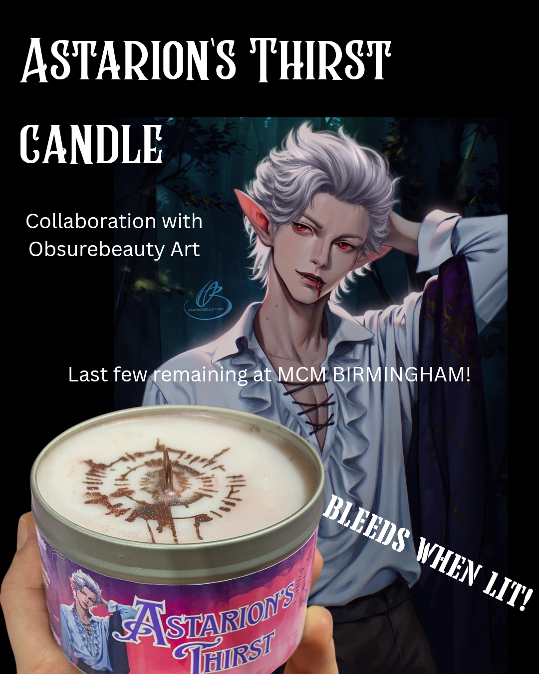 Astarion's Thirst, Bleeds when Lit, Coconut Wax Candle, Wooden Wick Candle, Dark Opium Scent, 35 hours burn time