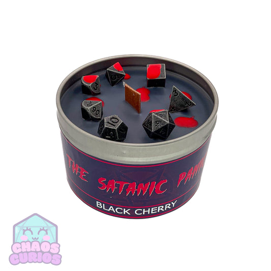 Satanic Panic! RPG Candle, RPG Dice Candle, Wooden Wick, Black Cherry Scented, Roleplay Candle, Dice Wax Melts, 35+ Hours