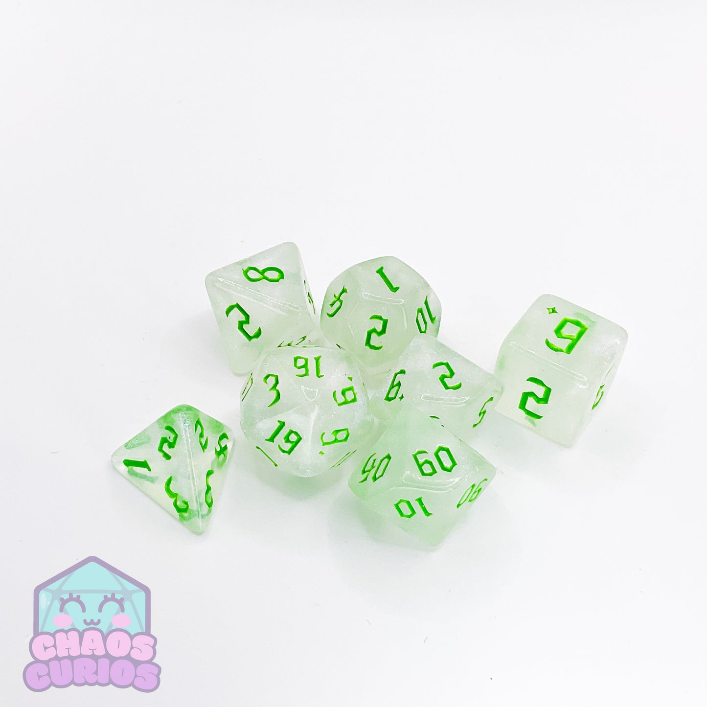 Frosted Green 7-piece Dice Set Chaos Font