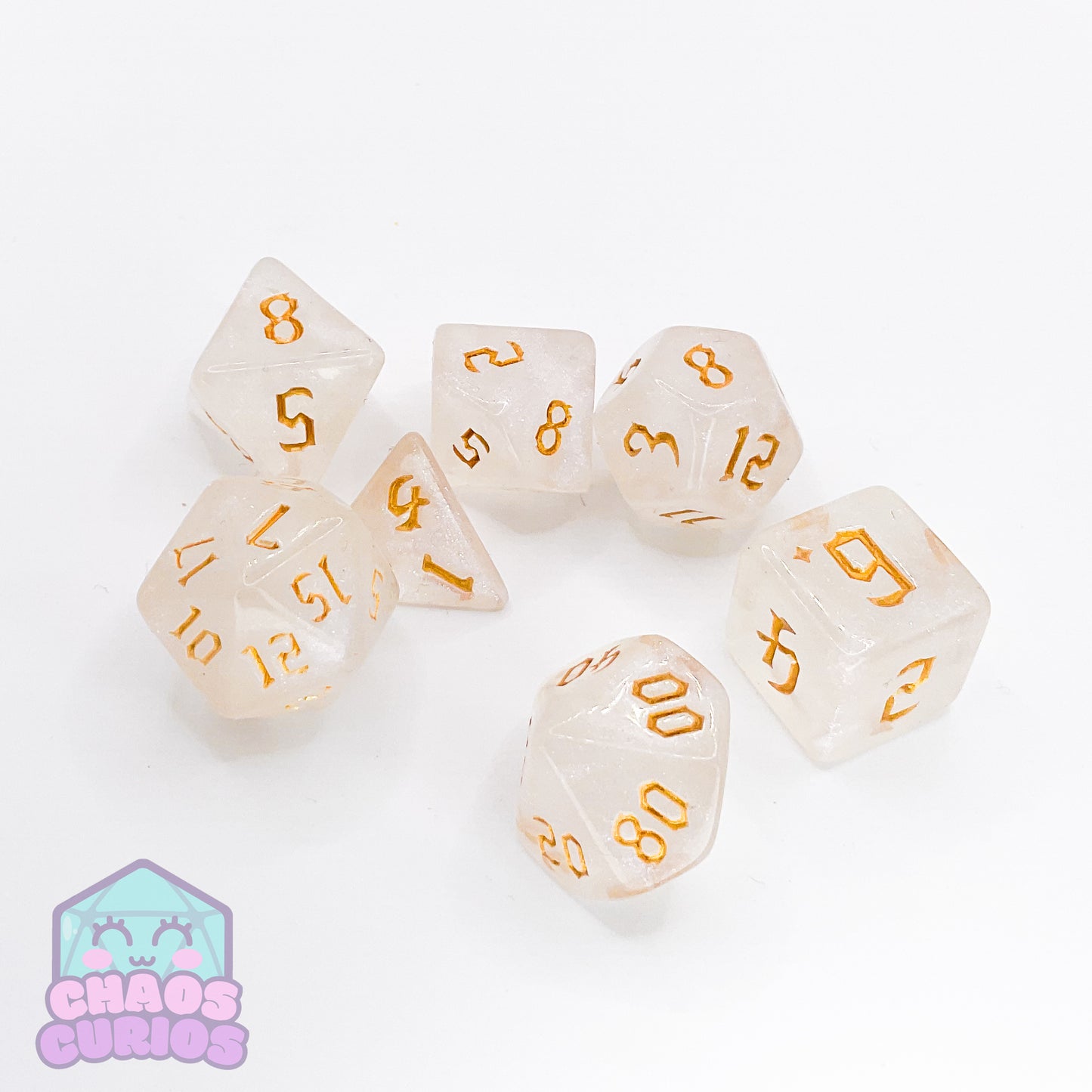 Frosted Gold 7-piece Dice Set Chaos Font