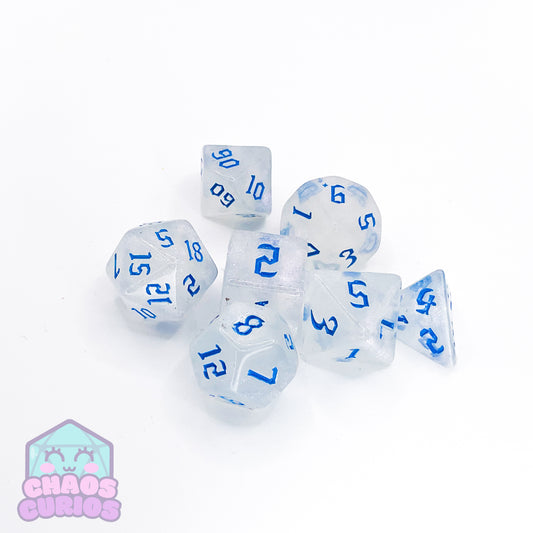 Frosted Blue 7-piece Dice Set Chaos Font