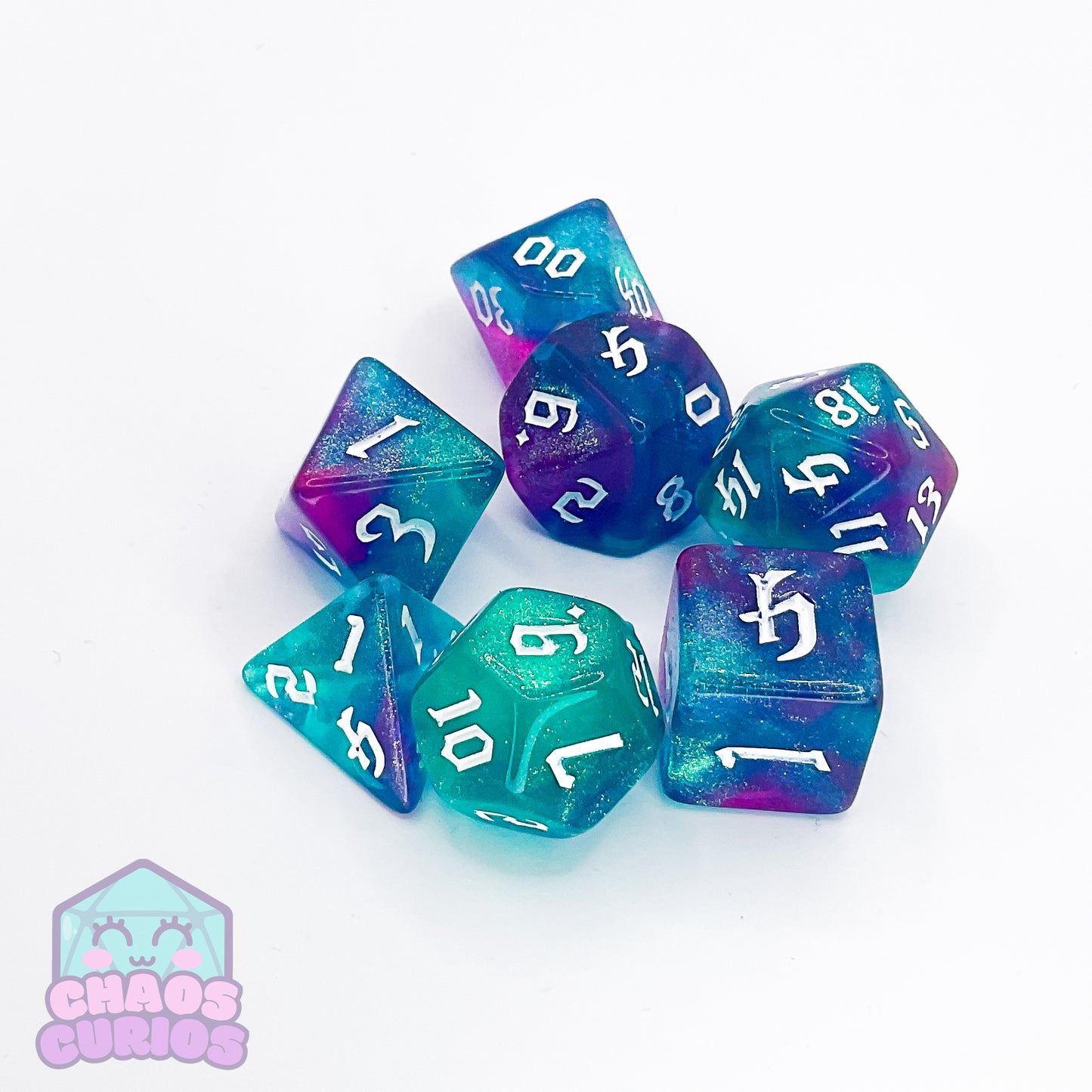 Glitter Blue/Pink 7-piece Dice Set Chaos Font