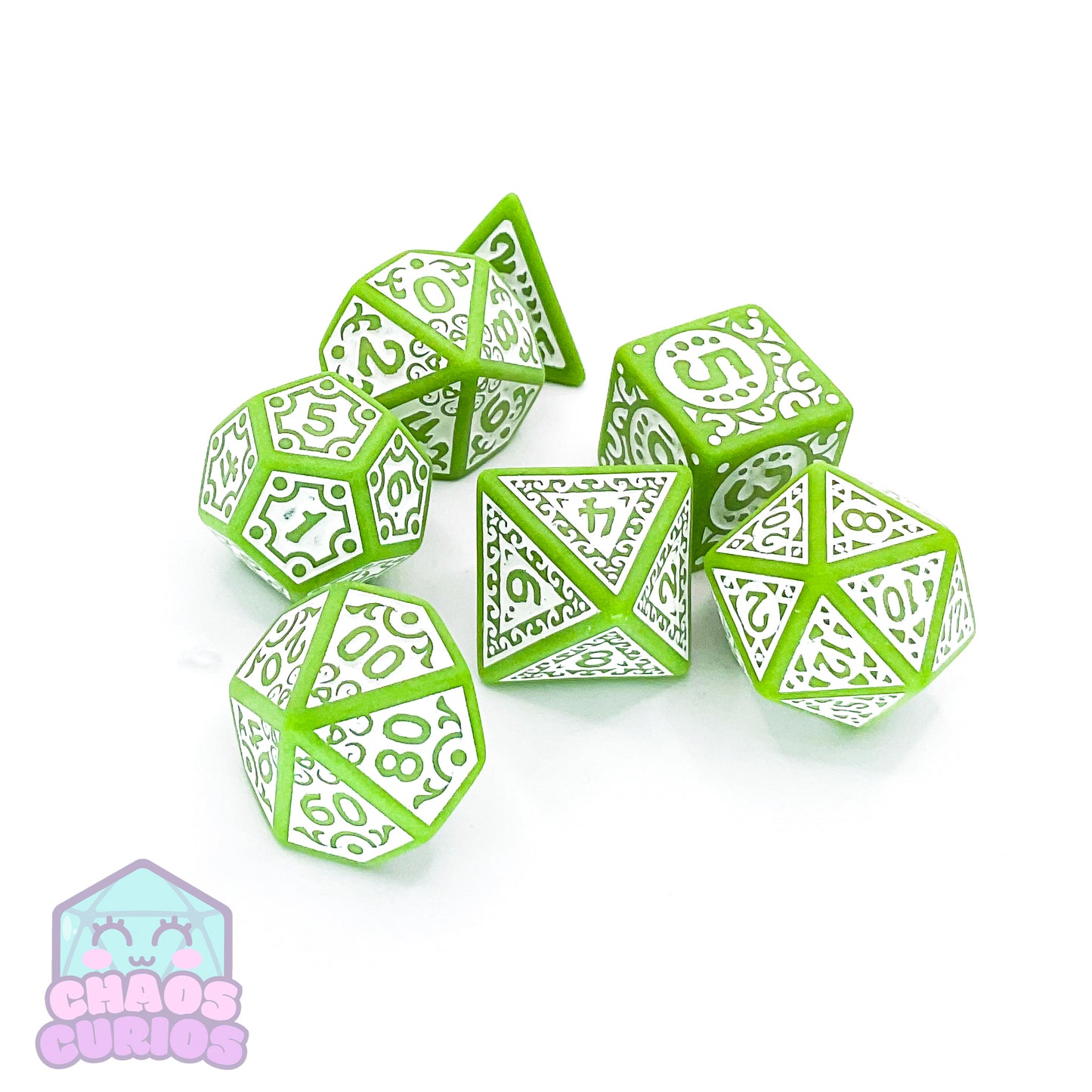 Green White Glyph 7-piece Dice Set