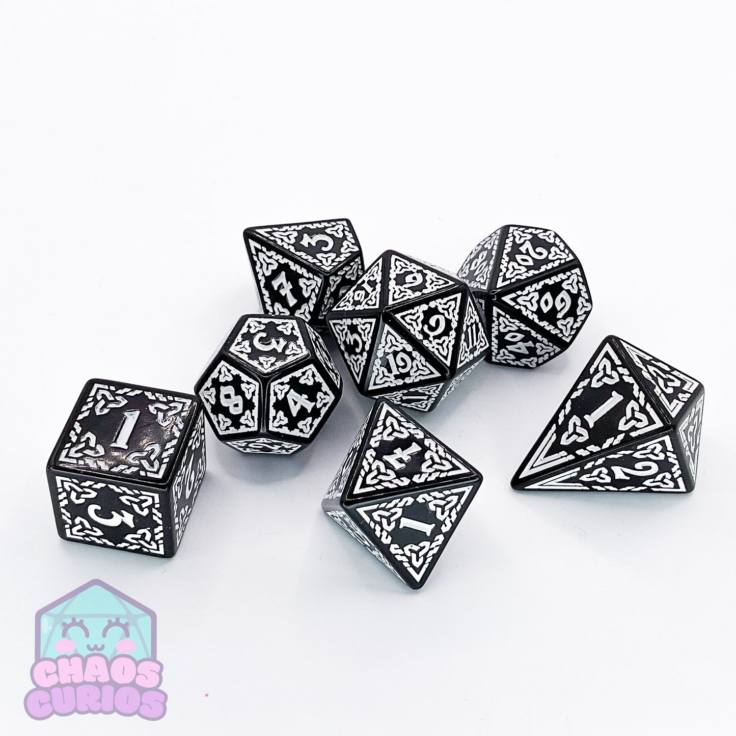 White Black Glyph 7-piece Dice Set - Quadrilateral/Kite D4