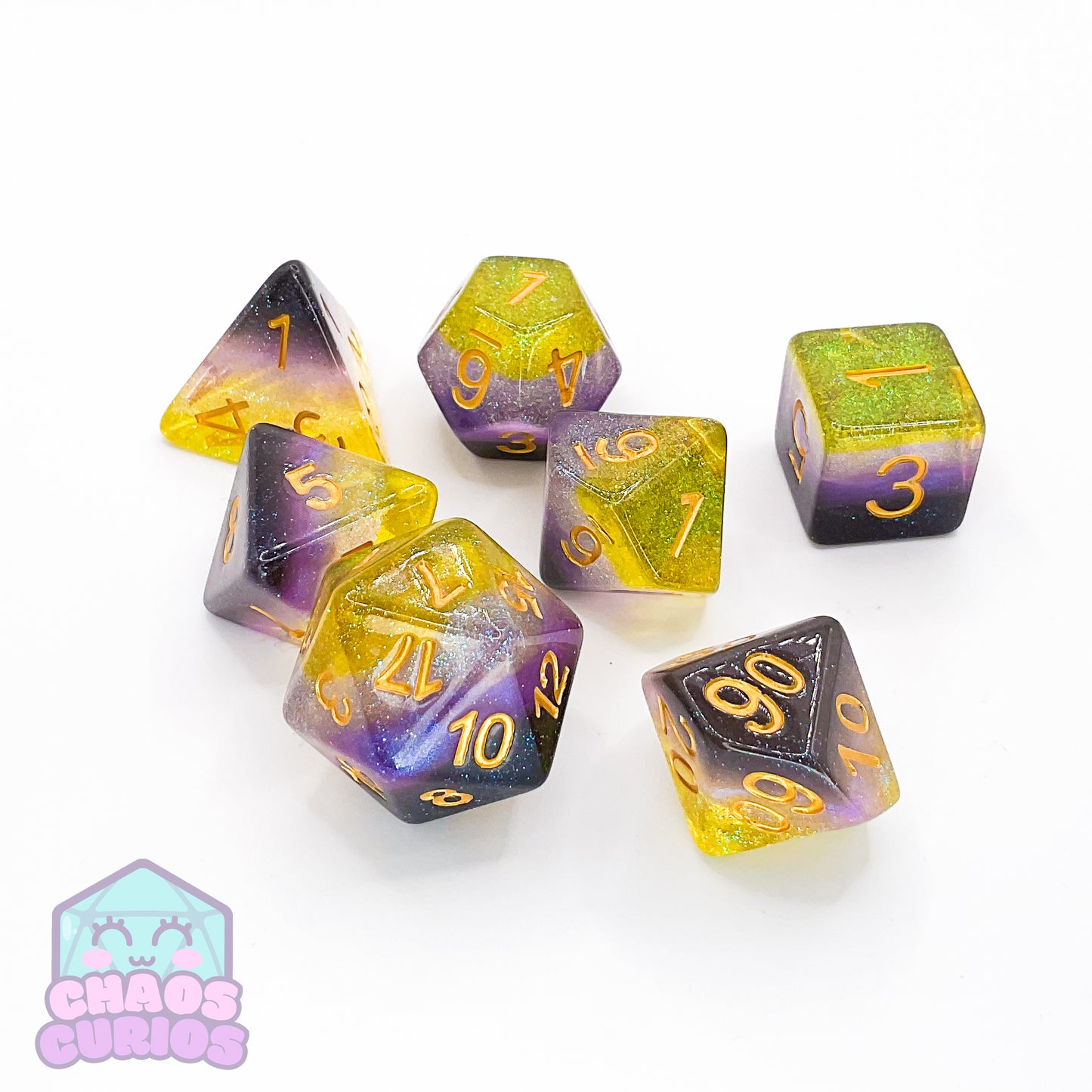 PRIDE Non-Binary Glitter Layered 7-piece Resin Dice Set