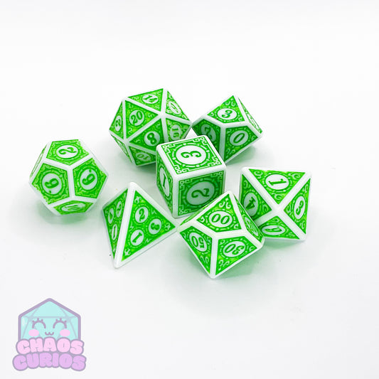 Green White Glyph 7-piece Dice Set