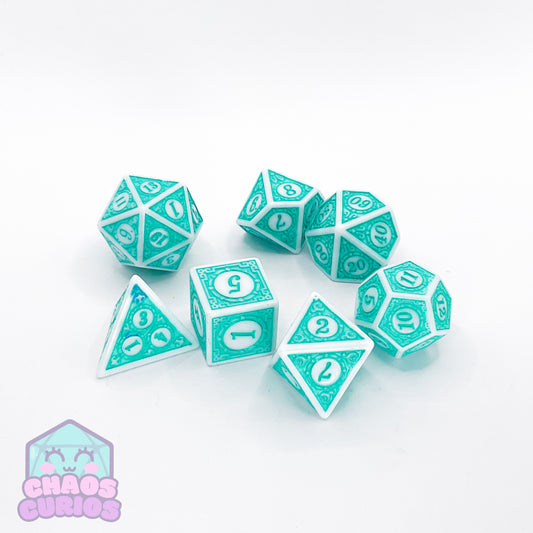 Teal White Glyph 7-piece Dice Set