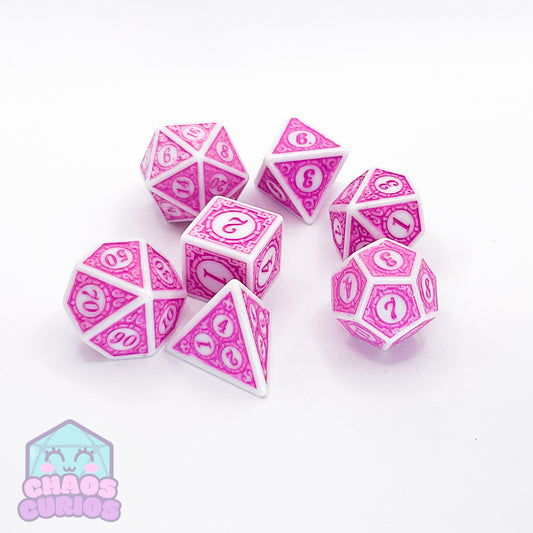 Pink White Glyph 7-piece Dice Set