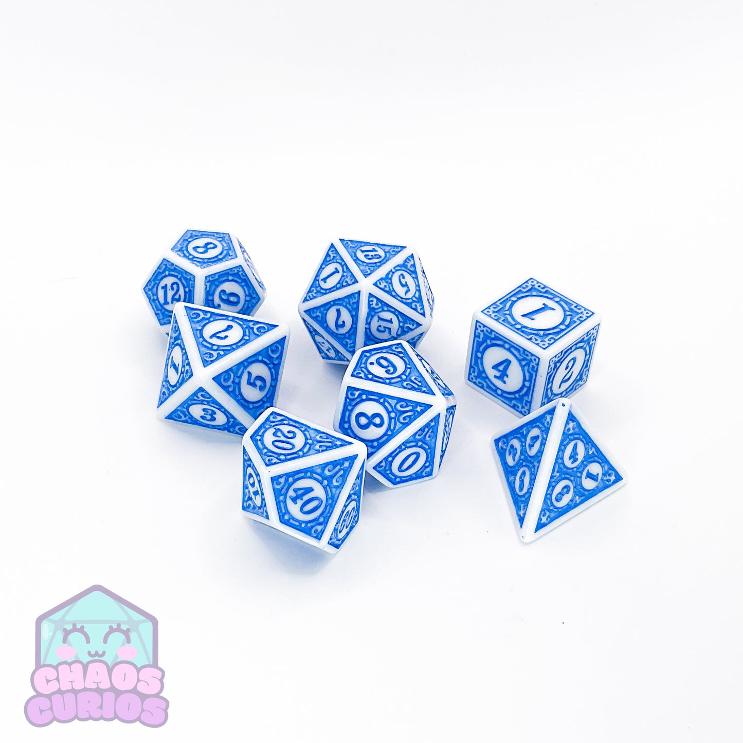 Blue White Glyph 7-piece Dice Set