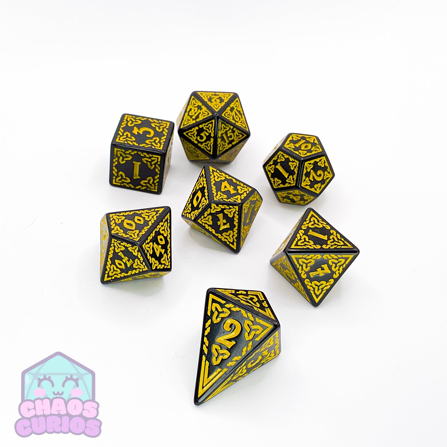 Yellow Black Glyph 7-piece Dice Set - Quadrilateral/Kite D4