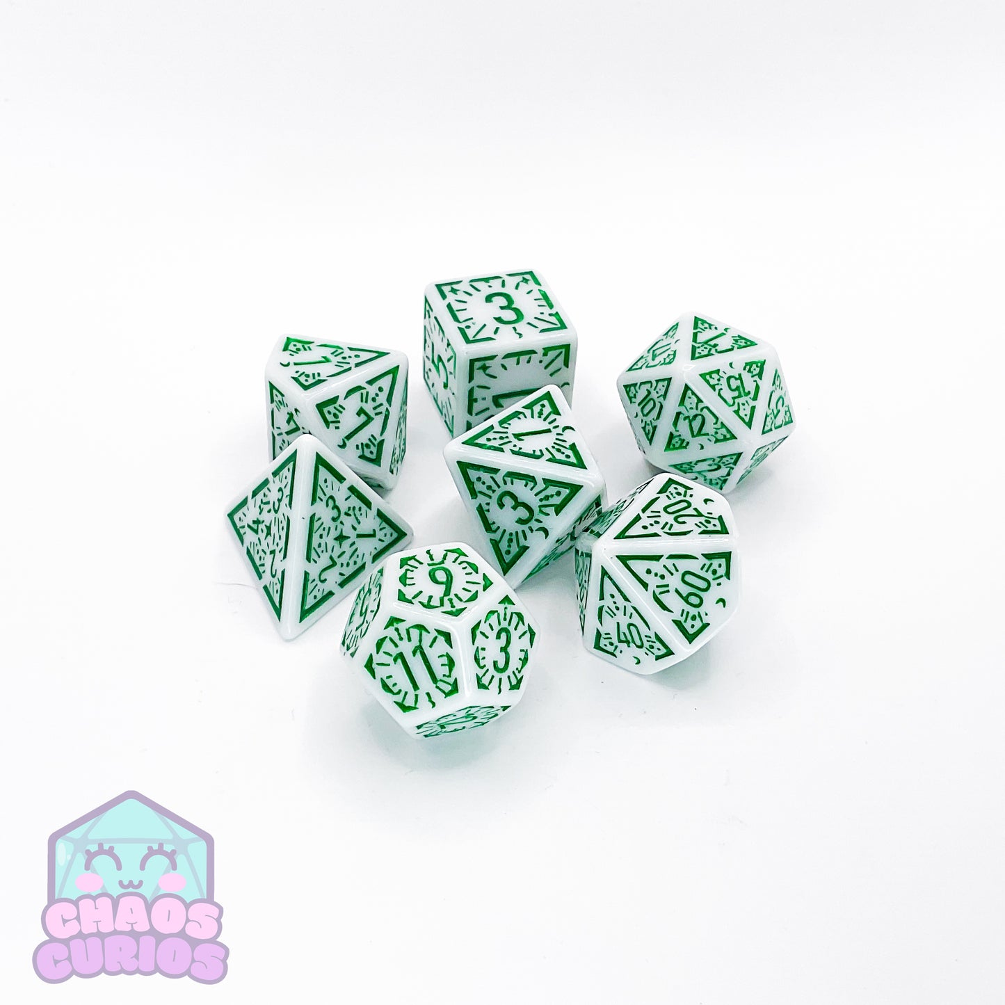 Green White Glyph 7-piece Dice Set