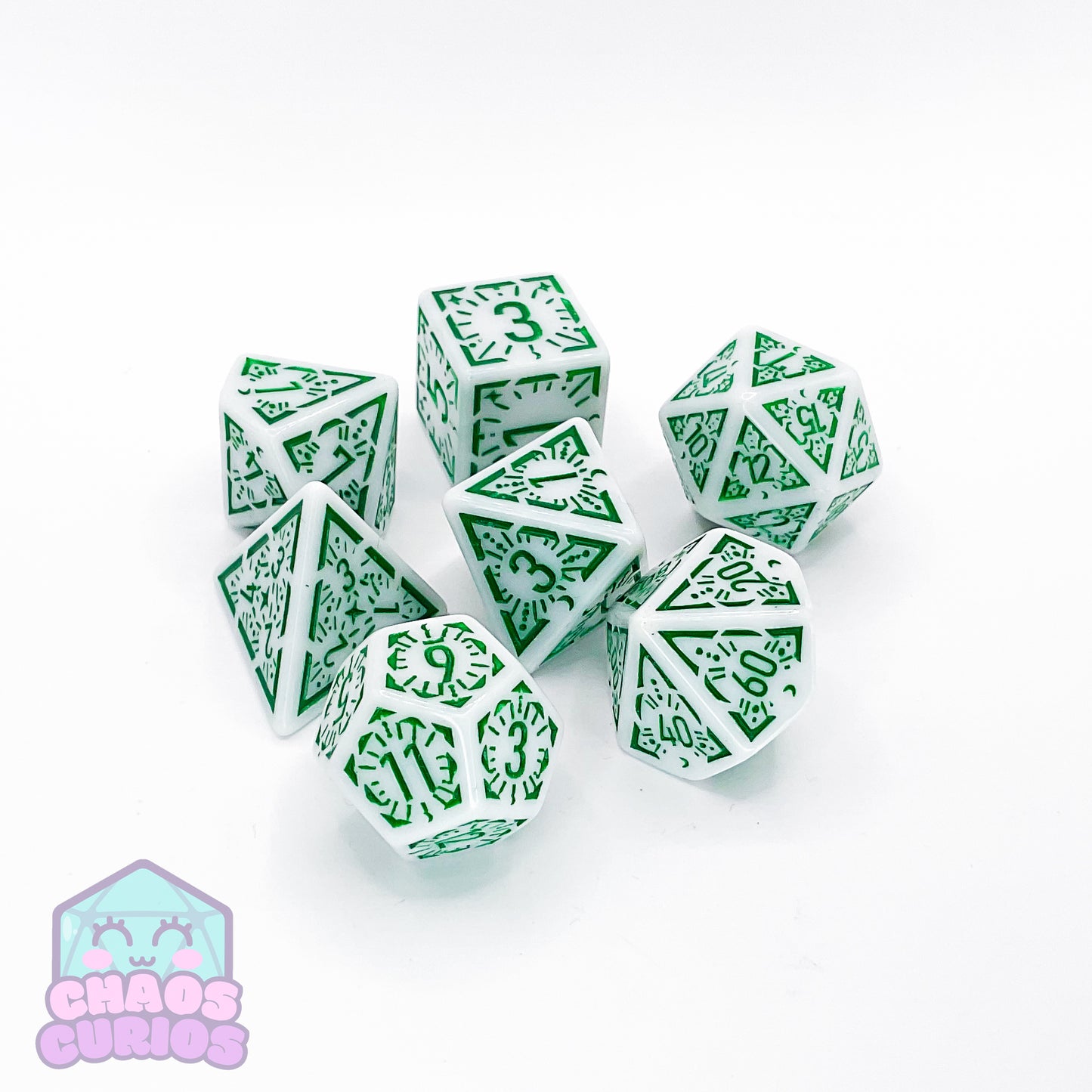 Green White Glyph 7-piece Dice Set