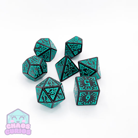 Teal Black Glyph 7-piece Dice Set