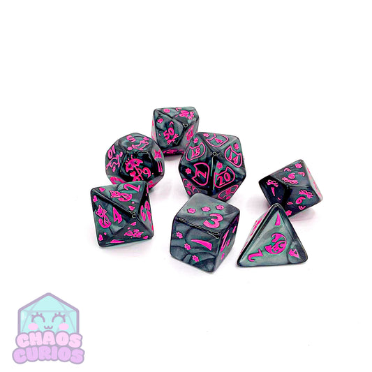 Black Pink Cat Paws 7-piece Dice Set