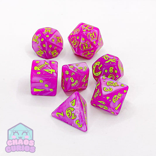 Pink Green Cat Paws 7-piece Dice Set