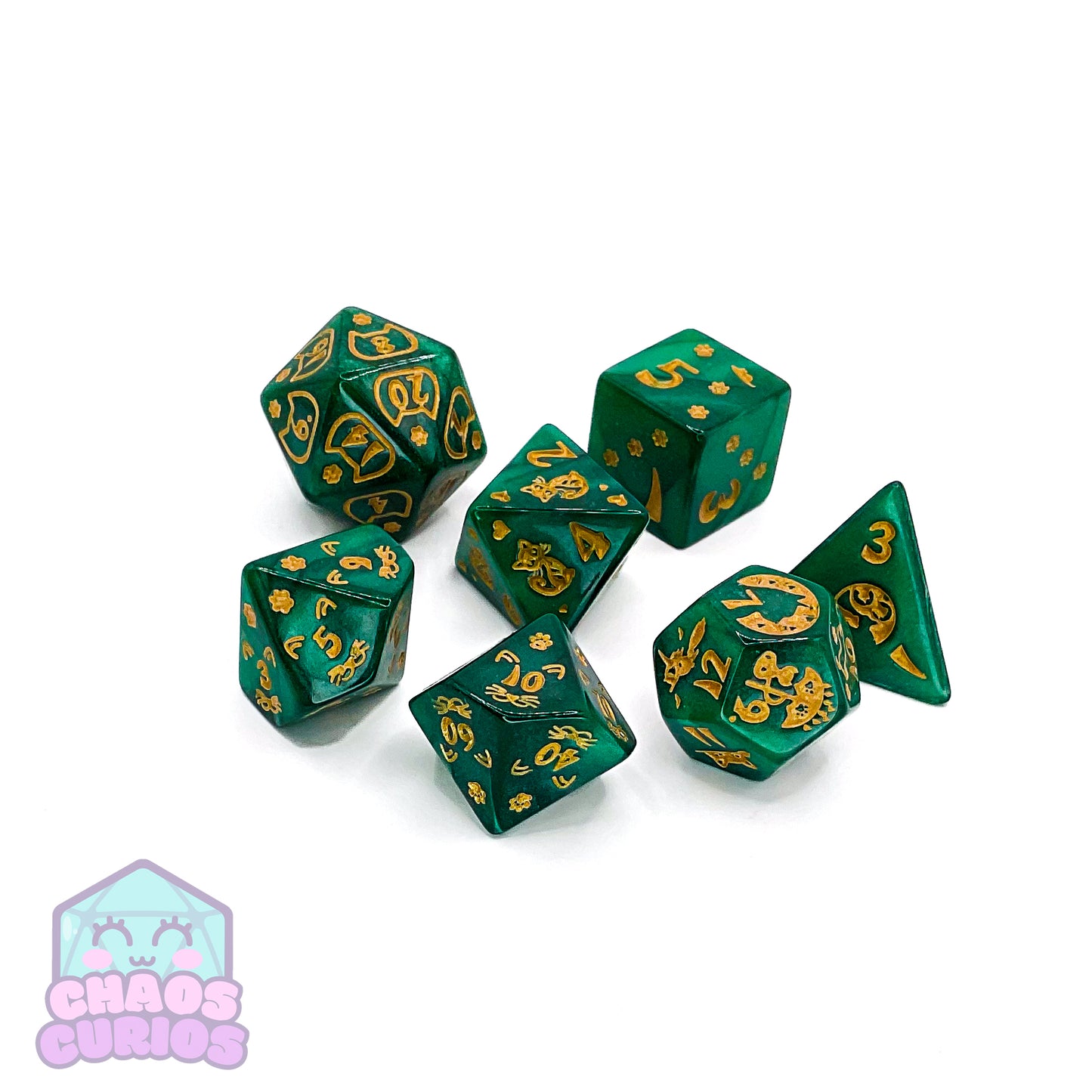 Green Gold Cat Paws 7-piece Dice Set