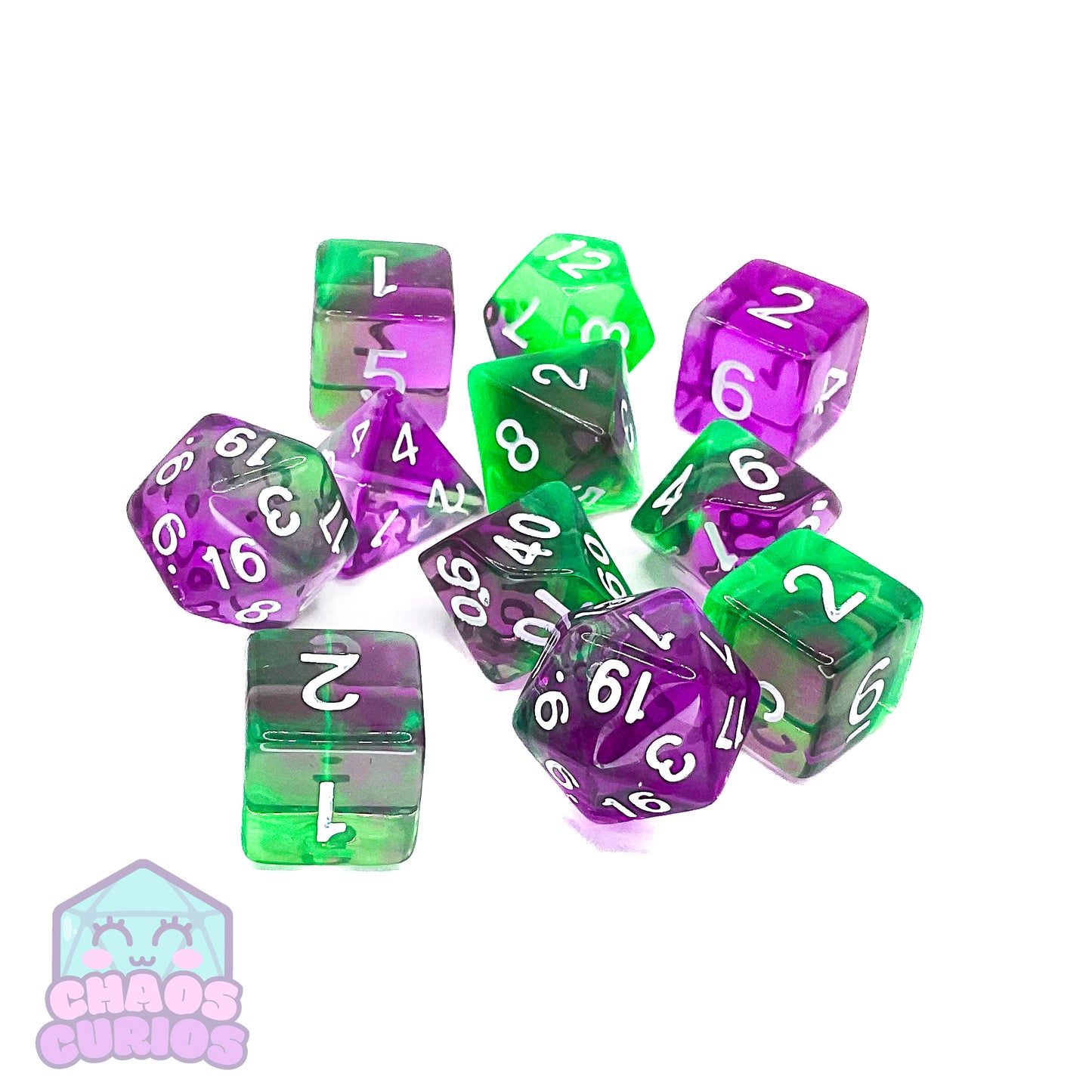 Purple Green Swirl 11-piece Dice Set